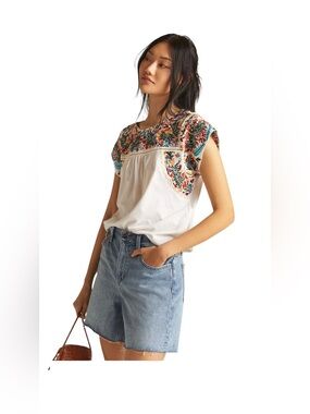 Anthropologie Tiny Tatum White Embroidered Tee Boho Top Short Sleeve Tee M